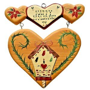 Vintage 1995‎ Happy Holidays Wood Heart Wall Hanging Birdhouse Hand Painted Sign